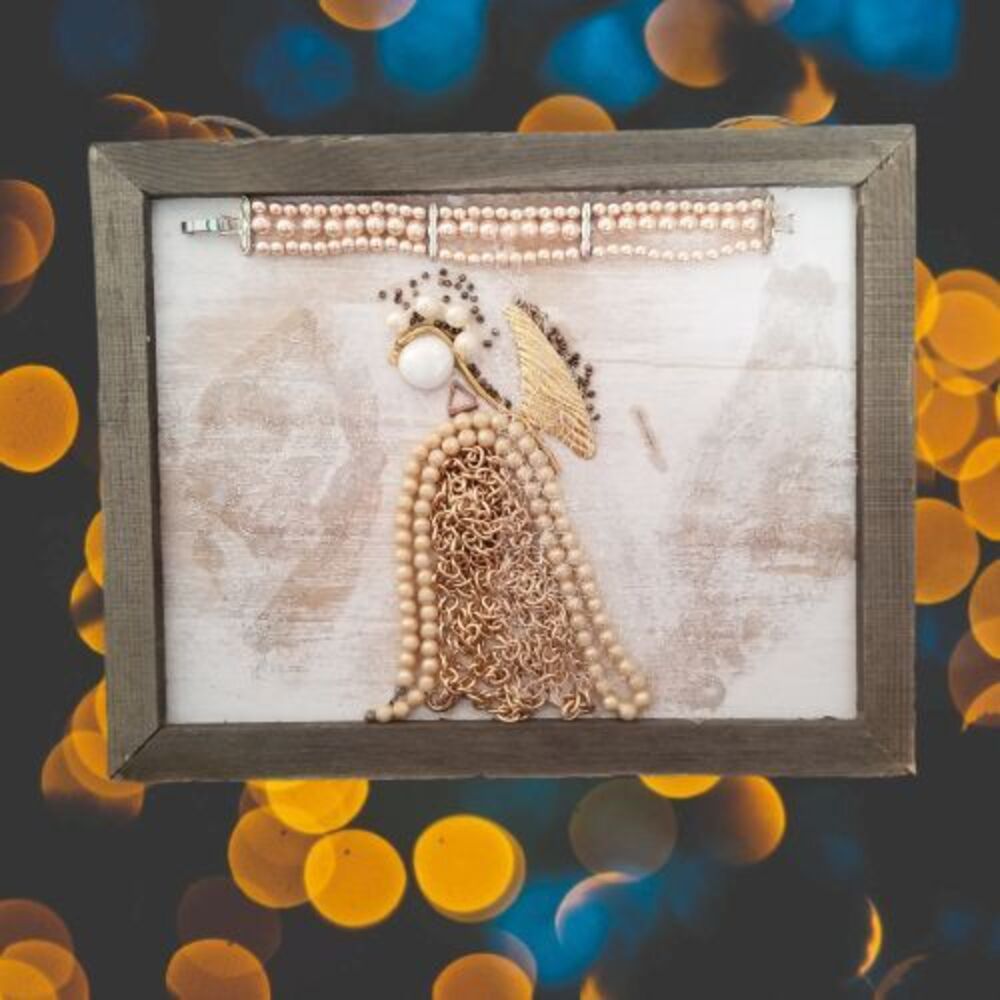 Handmade OOAK Upcycled Vintage Jewelry Angel Framed Wall Art 8x10